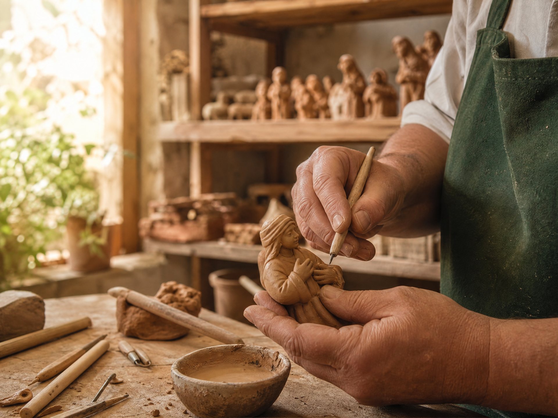 Manos de artesano moldeando una figura de barro
